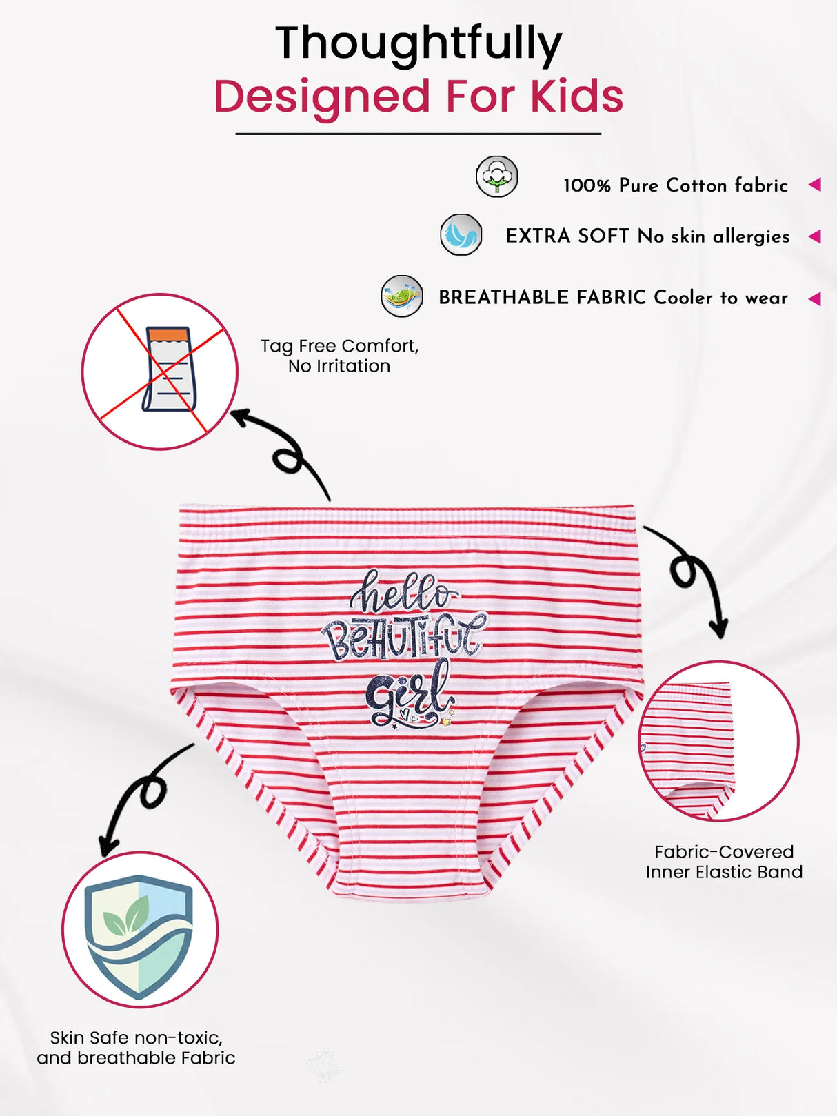 Pink striped girls’ cotton underwear with 'hello beautiful girl' text, tagless, extra soft, breathable, non-toxic fabric, inner elastic band.