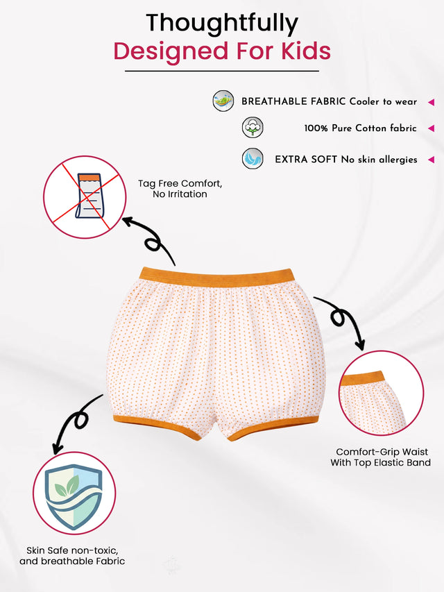 Kids' innerwear shorts with orange polka dots, breathable cotton, tag-free, soft elastic waist.