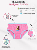 Pink girls cotton underwear with cartoon print, blue trim, comfort elastic waistband, and soft breathable fabric