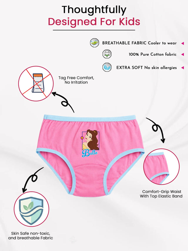 Pink girls cotton underwear with cartoon print, blue trim, comfort elastic waistband, and soft breathable fabric