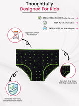 Black kids cotton underwear with green floral print, comfort-grip waist, tag-free and breathable fabric.