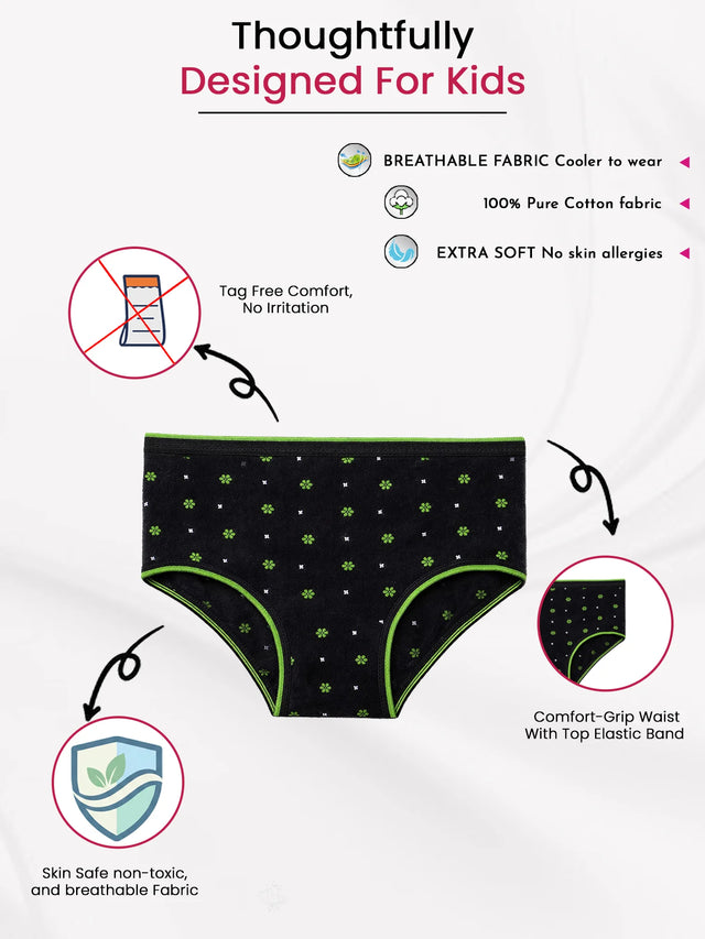 Black kids cotton underwear with green floral print, comfort-grip waist, tag-free and breathable fabric.