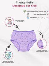 Purple kids’ cotton underwear with floral print, breathable, tag-free, elastic waist, soft fabric