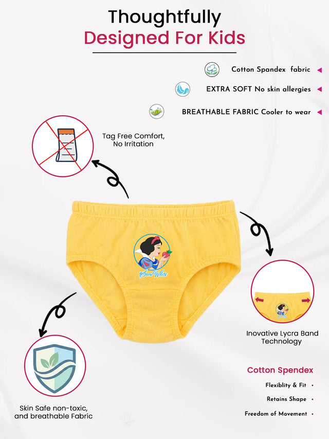 Yellow kids' cotton innerwear with Snow White print, breathable, tagless, and soft fabric