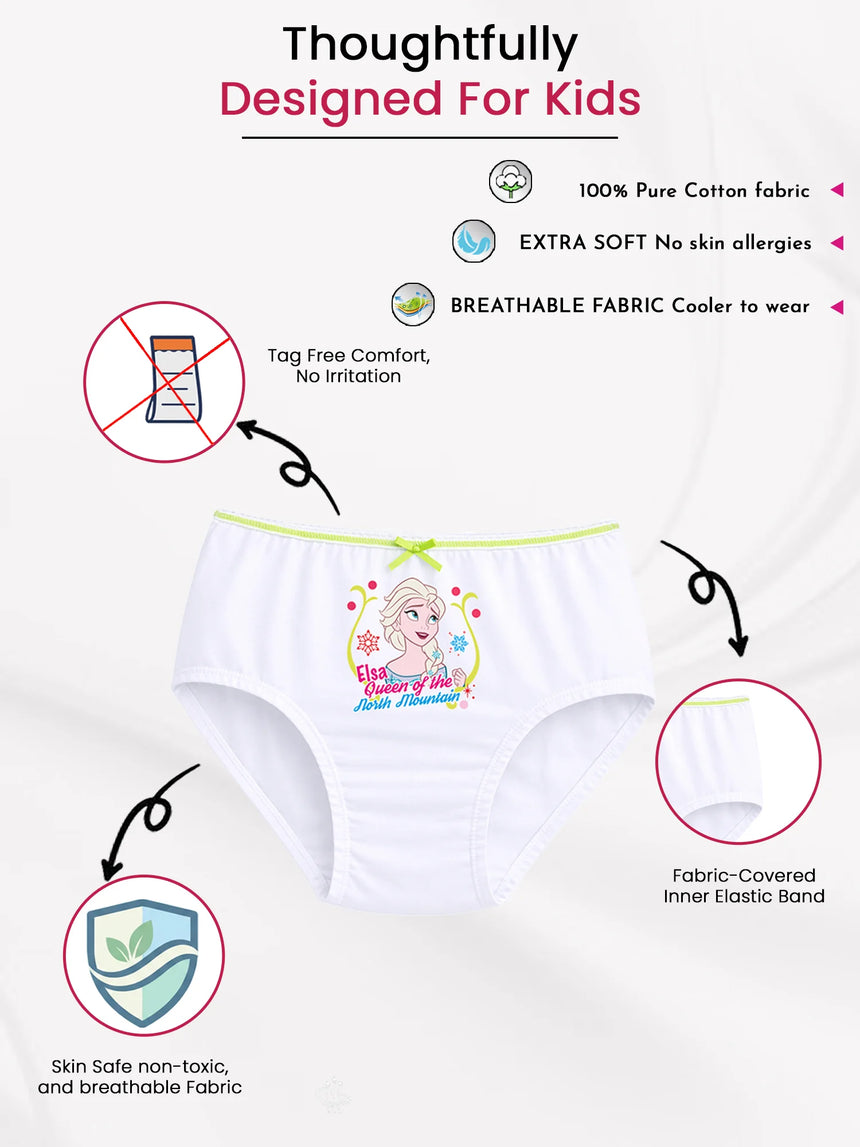 White kids cotton underwear with Elsa print, breathable soft fabric, skin-safe, tag-free design.