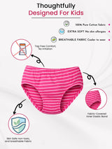 Pink striped cotton kids underwear with soft, breathable, skin-safe fabric features highlighted