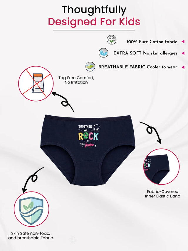 Navy blue kids cotton underwear with 'Together We Rock' print, tag-free, soft, breathable fabric, and covered elastic band.