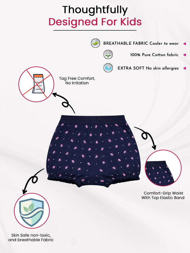 Navy blue kids cotton bloomers with pink floral print, elastic waistband, breathable soft fabric.