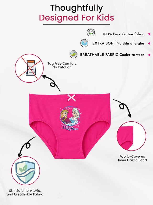 Pink kids cotton brief with Frozen Elsa and Anna print, tag-free, soft breathable fabric.