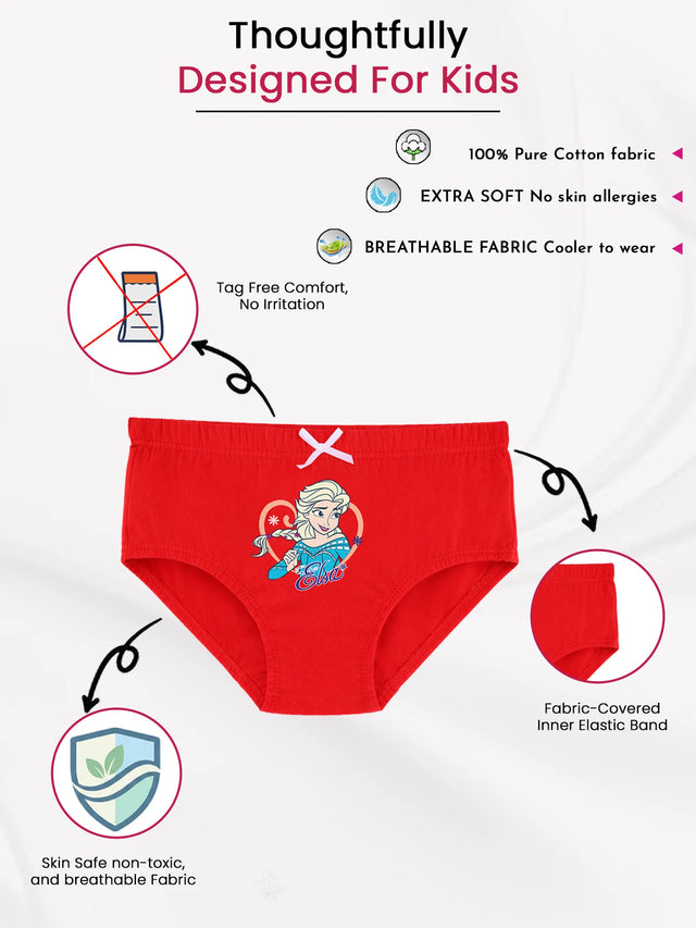 Red kids cotton underwear with Elsa character print, tagless, breathable, soft fabric, and fabric-covered elastic band.