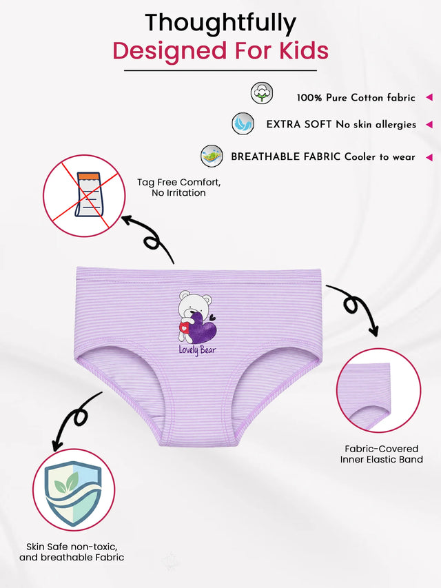 Light purple striped kids underwear with bear print, tag-free, soft breathable cotton fabric.