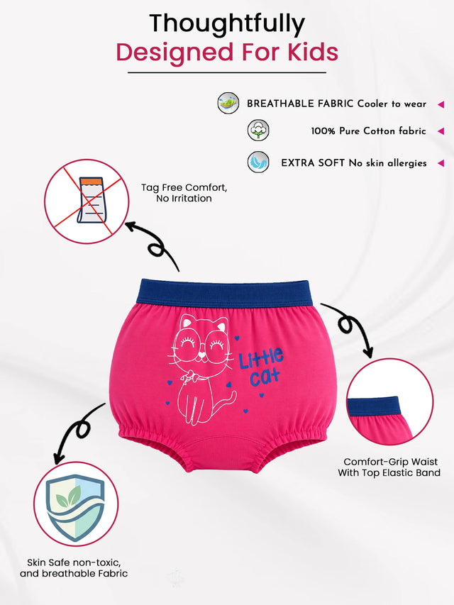 Pink kids' cotton underwear with cat print, comfort-grip waistband, breathable and skin-safe fabric