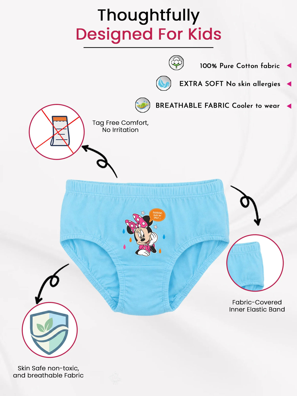 Blue kids' cotton brief with cartoon print, breathable, extra soft, and tag-free design