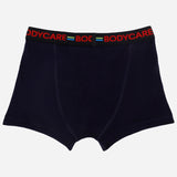 Boys navy blue boxer brief with black waistband and red logo, kids innerwear apparel