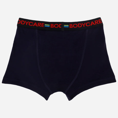 Boys navy blue boxer brief with black waistband and red logo, kids innerwear apparel