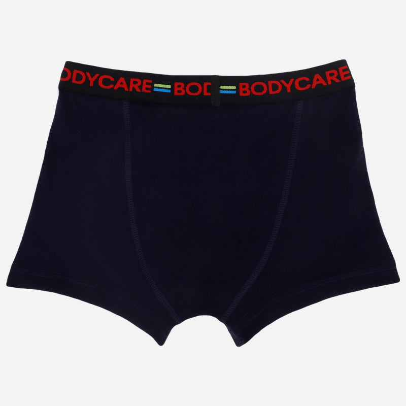 Boys navy blue boxer brief with black waistband and red logo, kids innerwear apparel