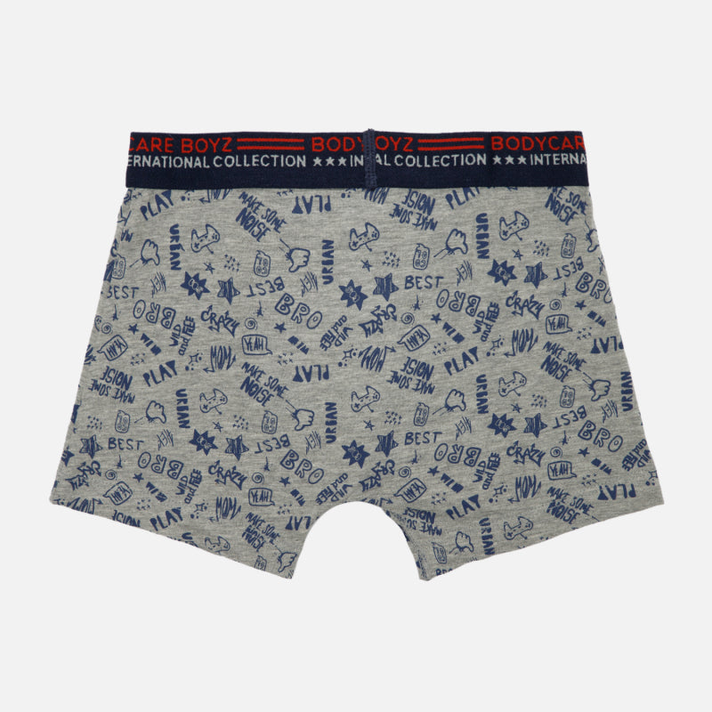 Kids grey boxer briefs with blue cartoon doodle prints and elastic waistband