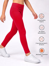 Kid wearing red leggings with breathable fabric, no mark waistband, stretch, and comfort fit icons