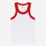 Kids white sleeveless innerwear vest with red neckline and armholes, soft cotton fabric