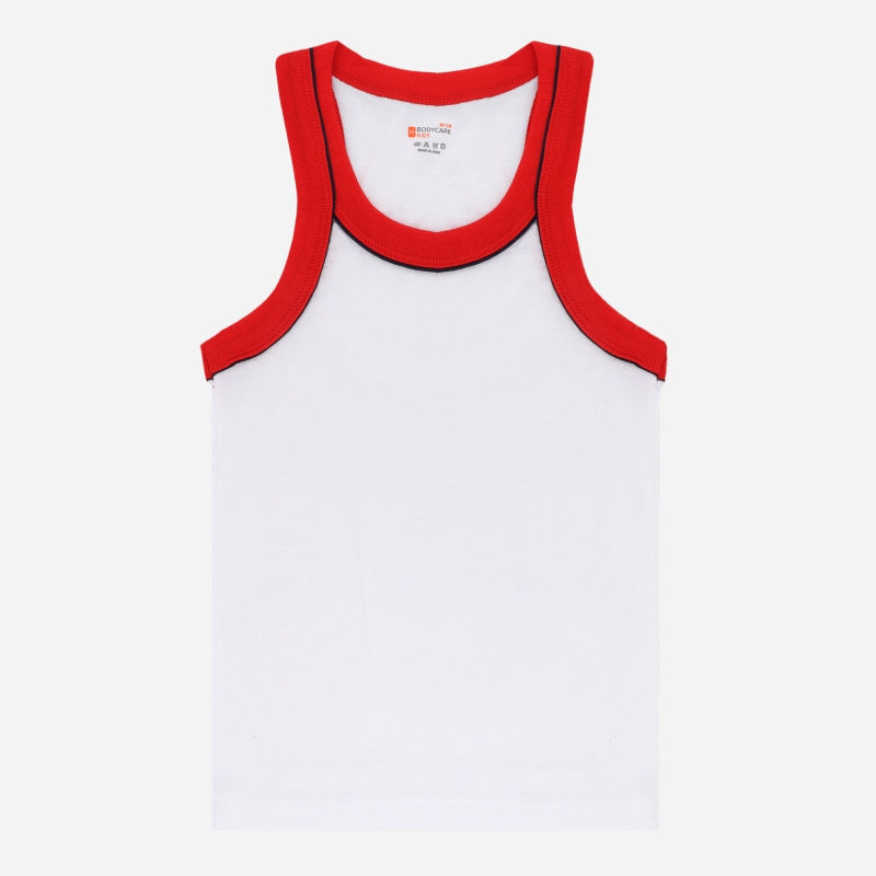 Kids white sleeveless innerwear vest with red neckline and armholes, soft cotton fabric