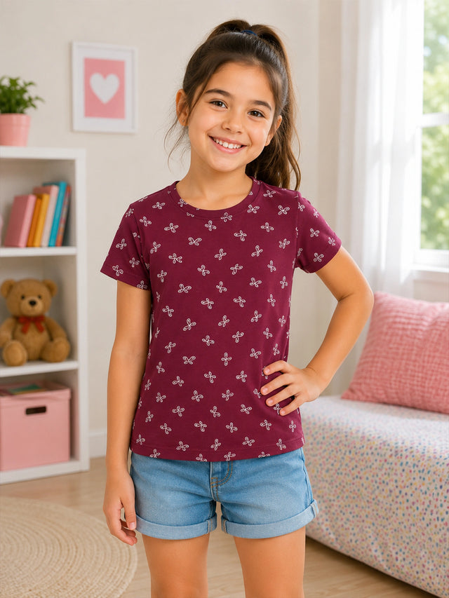 Girls Cotton Printed T-Shirt Round Neck Half Sleeves Casual Wear Top for School, Play and Everyday Outfits