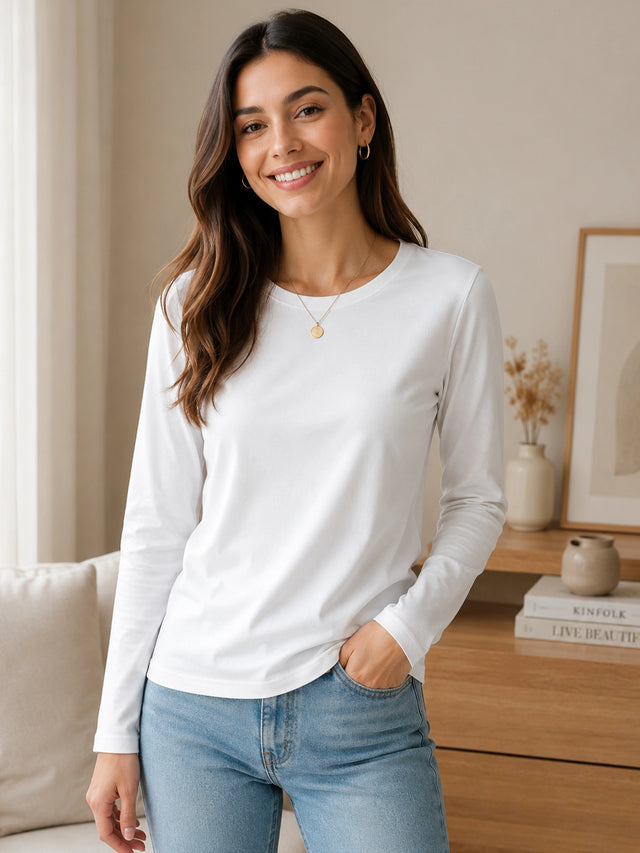 Women 100% Cotton T-Shirt Round Neck Full Sleeves with Regular Fit Solid Styling for Everyday Casual Wear