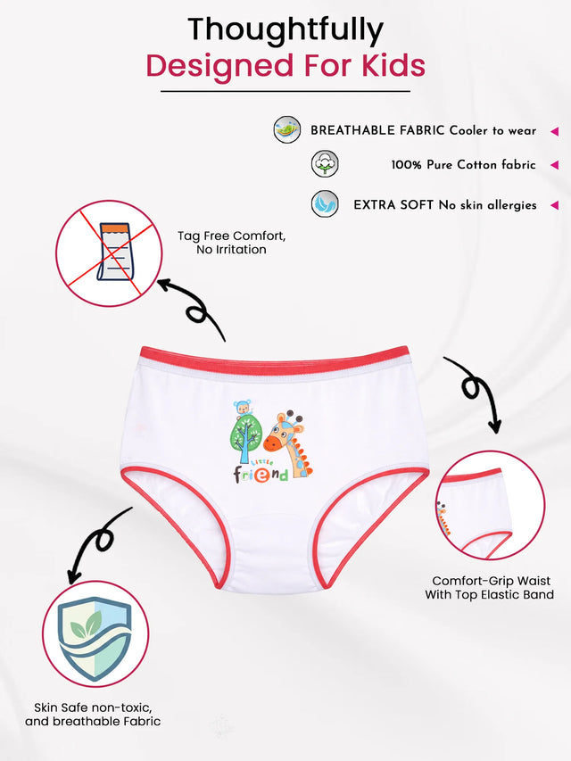 White kids cotton underwear with red trim, animal print, breathable and tag-free design