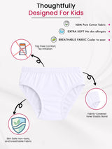 White kids' cotton underwear brief with tagless comfort, soft fabric, skin-safe, breathable, and elastic waistband features displayed.