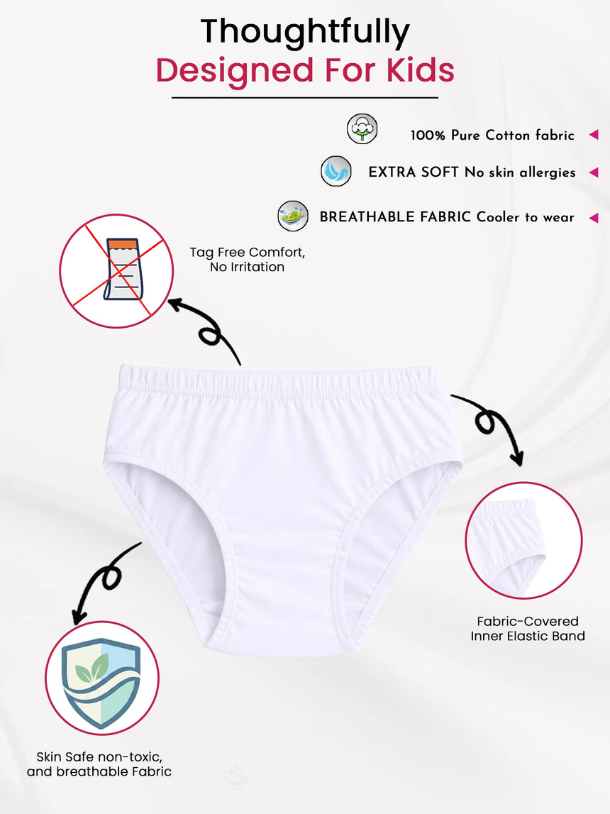 White kids' cotton underwear brief with tagless comfort, soft fabric, skin-safe, breathable, and elastic waistband features displayed.