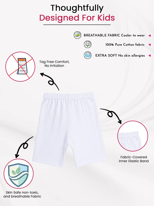 Kids white cotton innerwear shorts with breathable, skin-safe, tag-free, extra soft fabric.