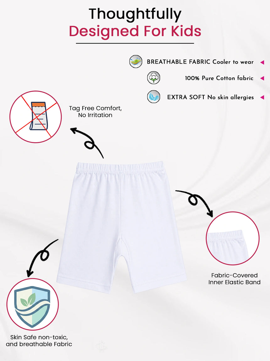 Kids white cotton innerwear shorts with breathable, skin-safe, tag-free, extra soft fabric.