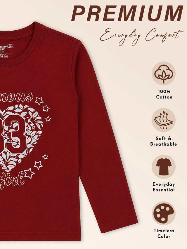 Girls Round Neck Full Sleeves Printed T-Shirt with Casual Styling, Easy Movement and Comfortable Regular Wear Appeal