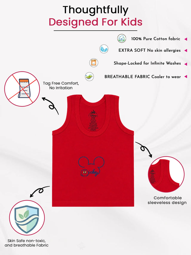Baby Boys Mickey & Friends Innerwear Vest Cotton Regular Fit Round Neck Sleeveless for Everyday Comfort - Pack of 4