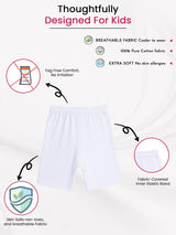 White kids' innerwear shorts with elastic waistband, breathable pure cotton, tag-free design, extra soft for skin safety.