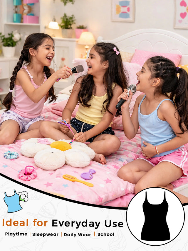 Girls 100% Cotton Printed Camisole Sleeveless Innerwear Vest for Everyday Comfort and Regular Use - Pack of 4
