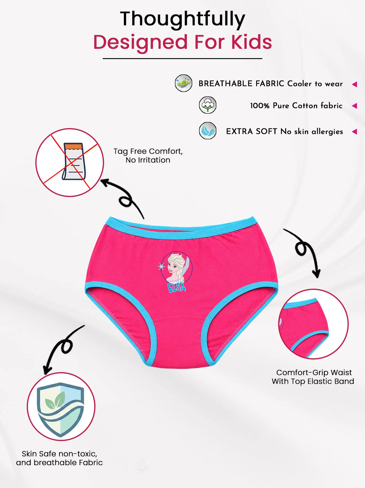 Pink girls' underwear with Elsa graphic, breathable cotton, elastic waist, tag-free comfort.