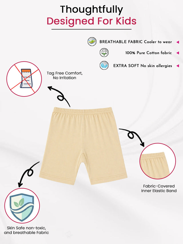 Beige kids cotton innerwear shorts with tag-free comfort, breathable and skin-safe fabric, fabric-covered elastic waistband.