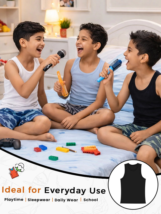 Boys Round Neck Sleeveless Innerwear Vest for Everyday Comfort, Regular Use and Easy Layering - Pack of 3