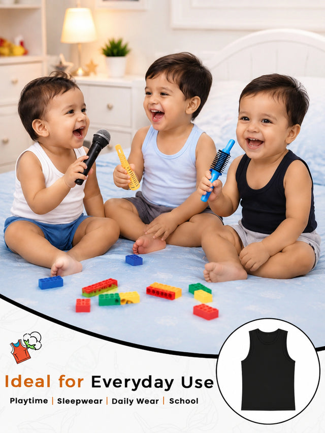 Unisex Baby 100% Cotton Sleeveless Vest with Round Neck, Cute Prints and Breathable Innerwear Comfort - Pack of 3