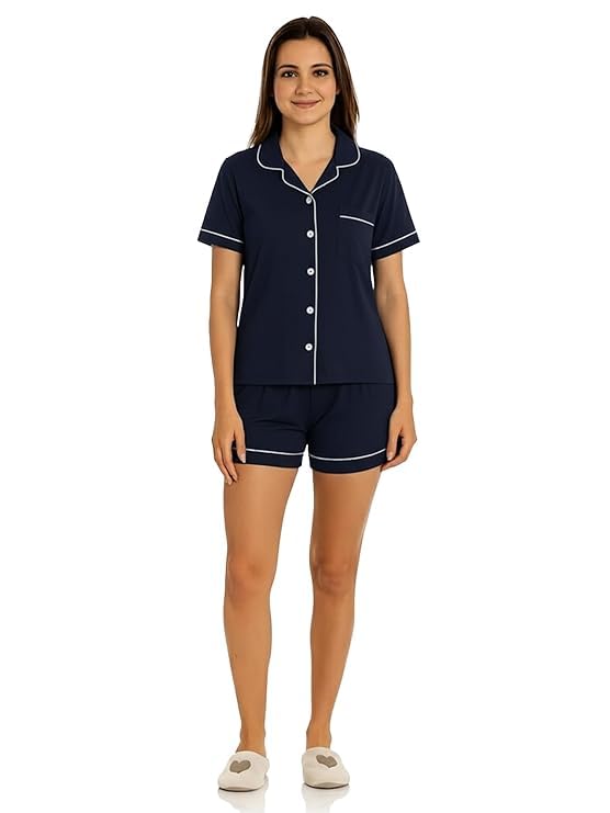 Women's Single Jersey Night Suit - Navy - XL