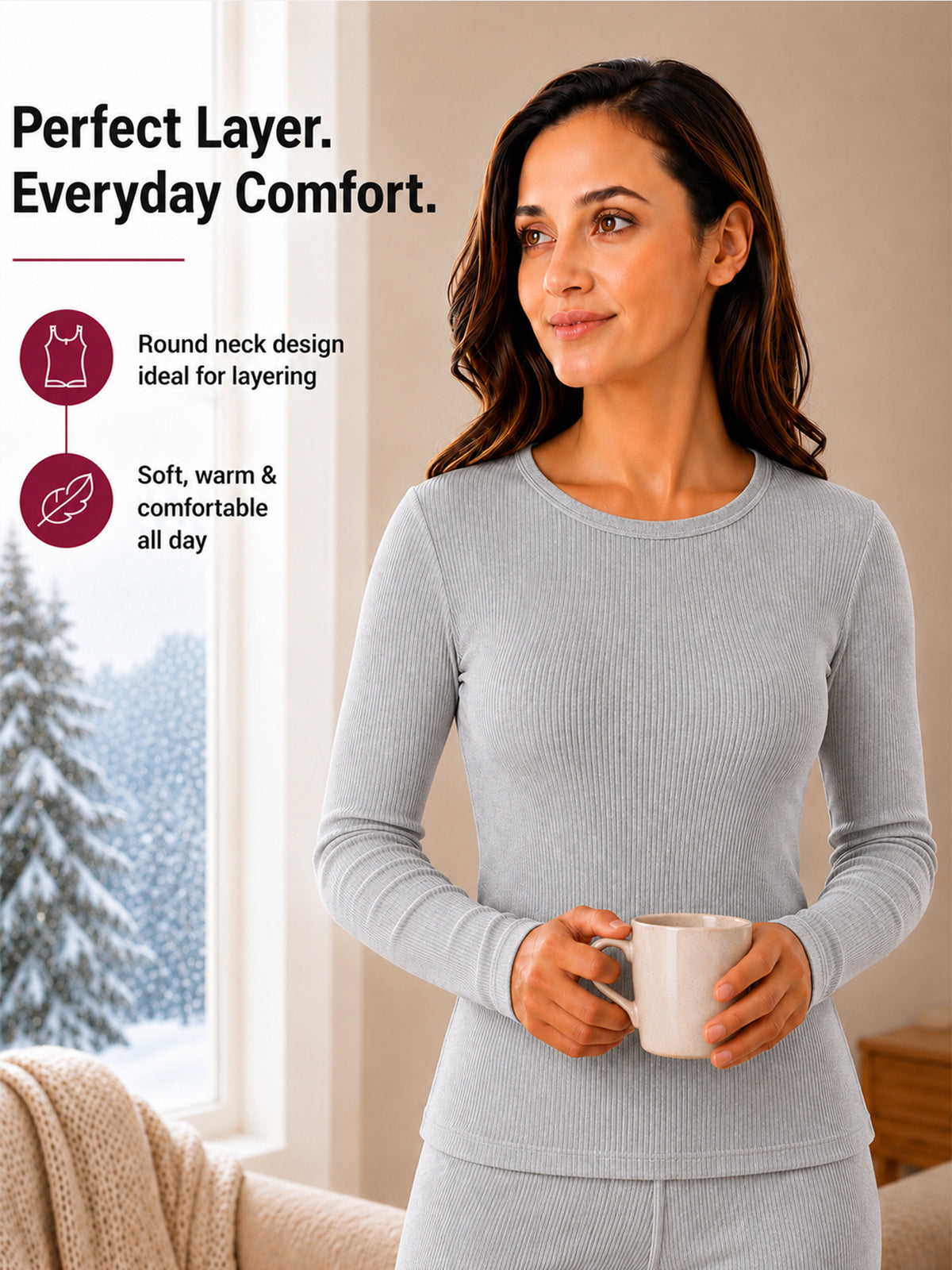 Women Round Neck Thermal Top with Full Sleeves for Cold Weather Wear, Warm Base Layer Use and Everyday Comfort