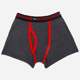 Boys grey cotton boxer shorts with red piping and black elastic waistband with Bodycare logo
