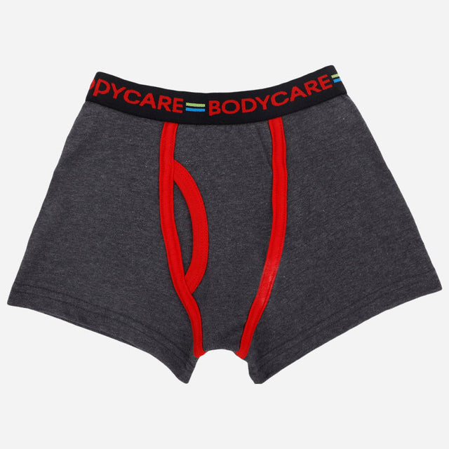 Boys grey cotton boxer shorts with red piping and black elastic waistband with Bodycare logo