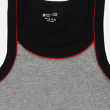 Kids grey sleeveless thermal vest with black and red trim, close-up of neckline.