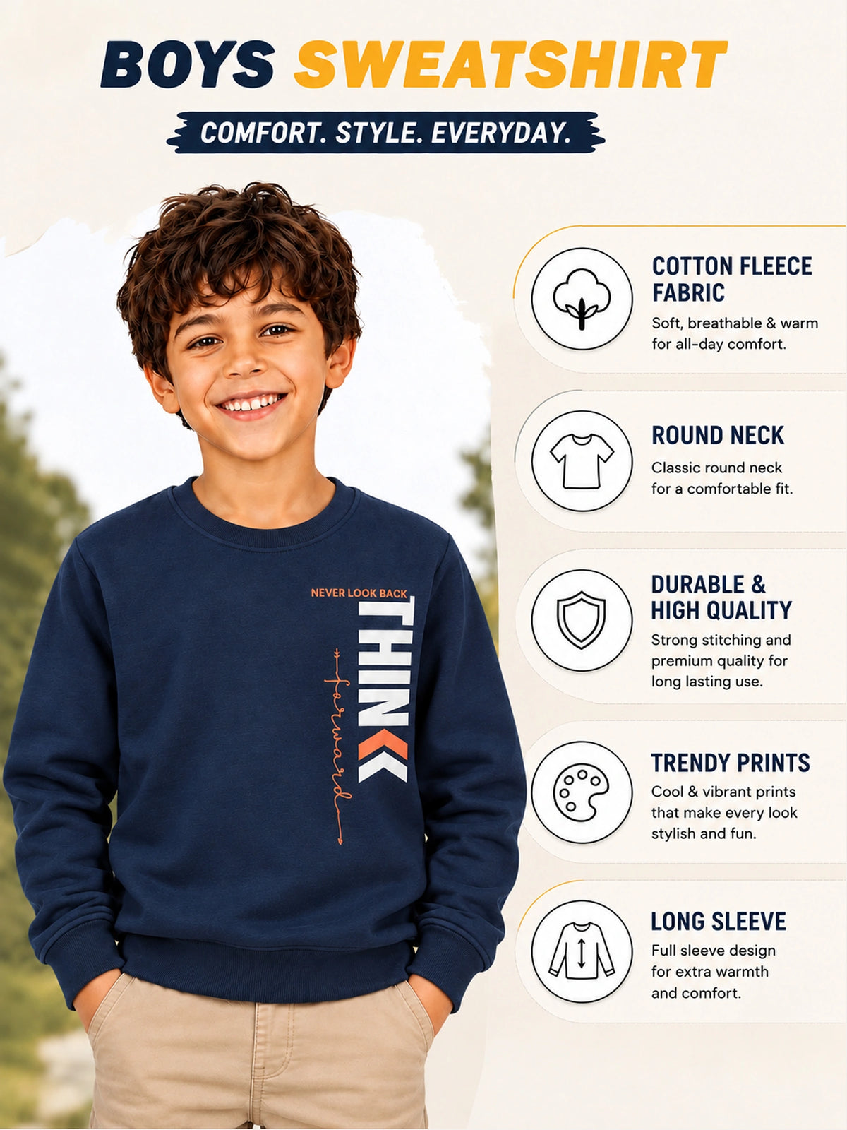 Boys Round Neck Full Sleeves Sweatshirt for Casual Wear, Lounge Comfort, Easy Movement and Regular Wardrobe Use