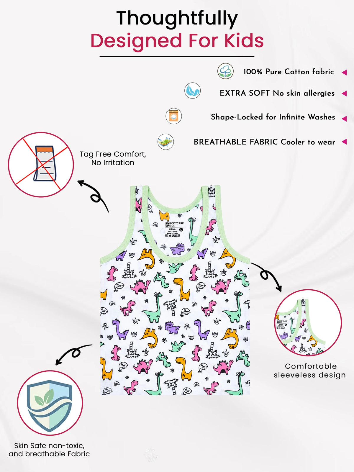 Boys 100% Cotton Round Neck Sleeveless Vest for Everyday Innerwear Comfort and Easy Layering - Pack of 3