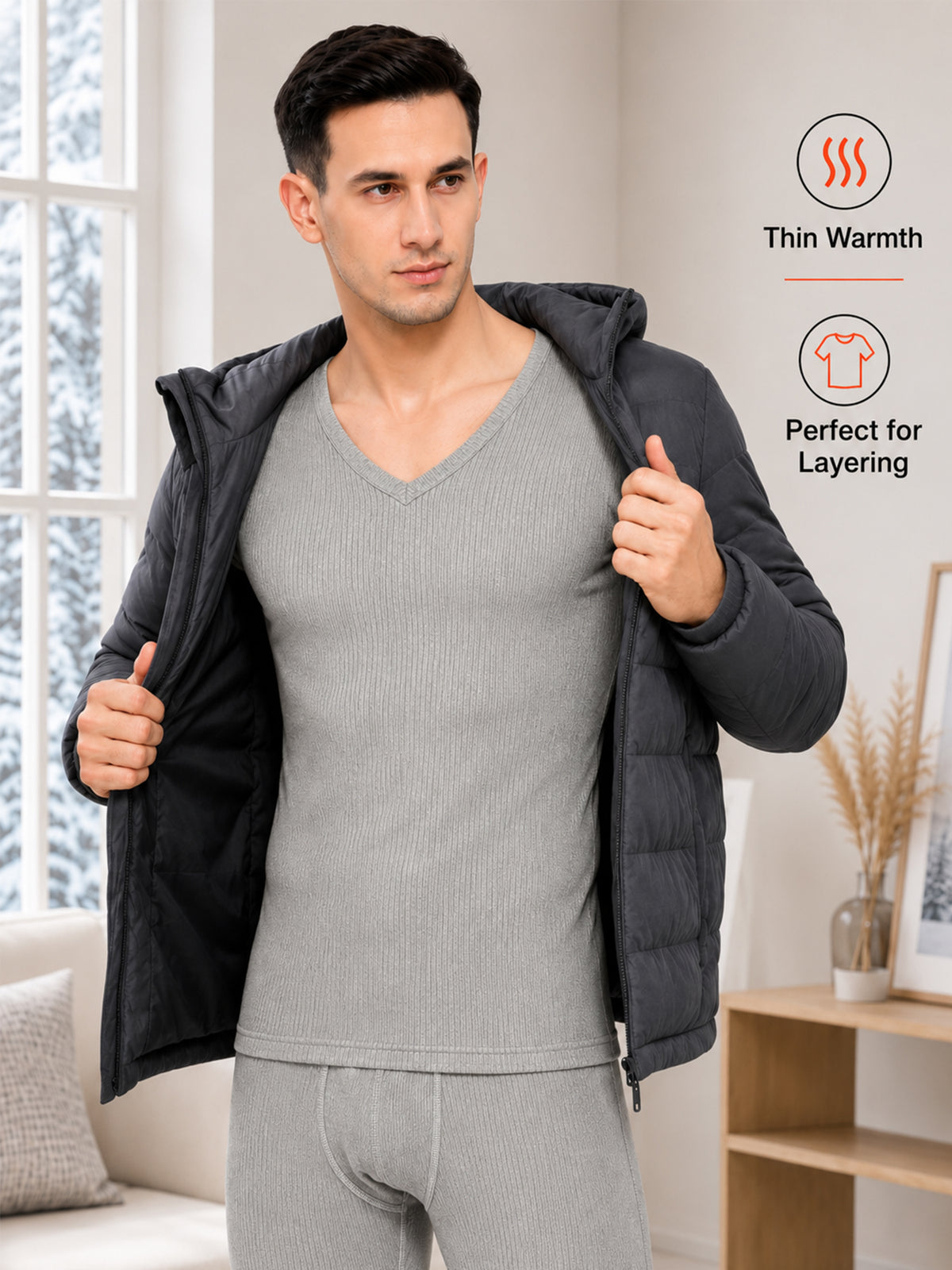 Men Antibacterial Thermal Top with V Neck and Full Sleeves for Winter Base Layering and Cold-Weather Comfort Essentials