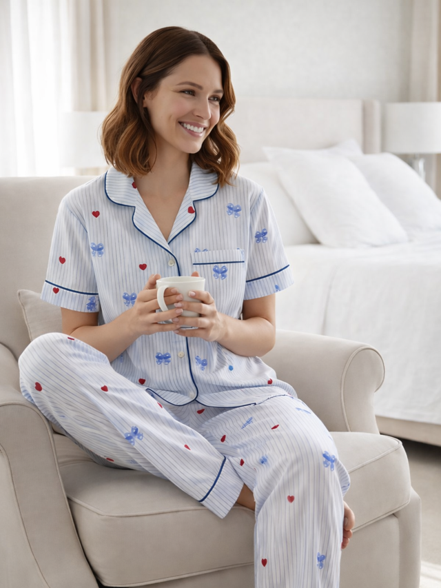 Women Printed Cotton Spandex Night Suit Set with Soft Top and Pyjama for Sleepwear and Lounge Comfort