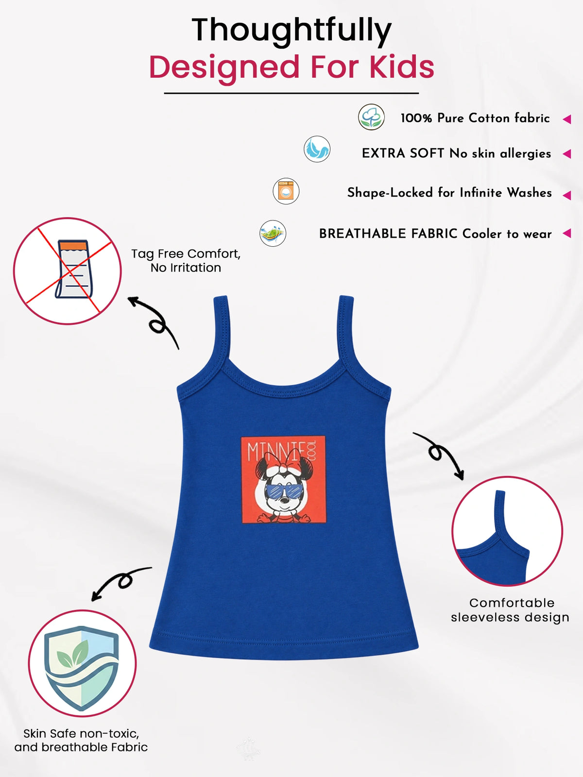 Baby Girls Minnie & Friends 100% Cotton Round Neck Sleeveless Camisole for Everyday Innerwear - Pack of 5