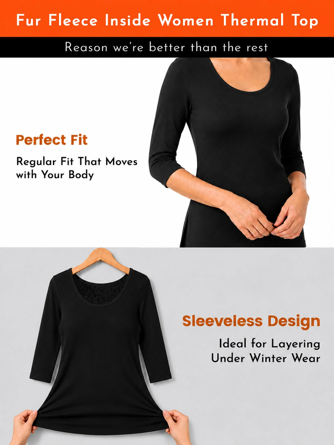 Women Thermal Top with Fur Fleece Inside and Three Quarter Sleeves, High Warmth Winter Innerwear - Pack of 1